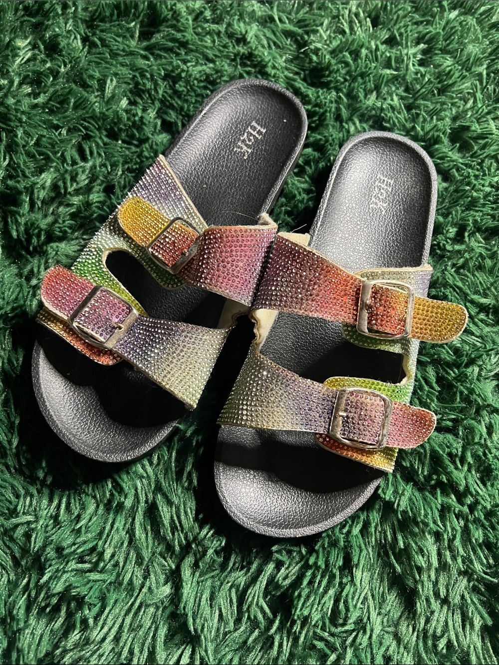 Sparkle Double-Buckle Slide Sandals in Rainbow